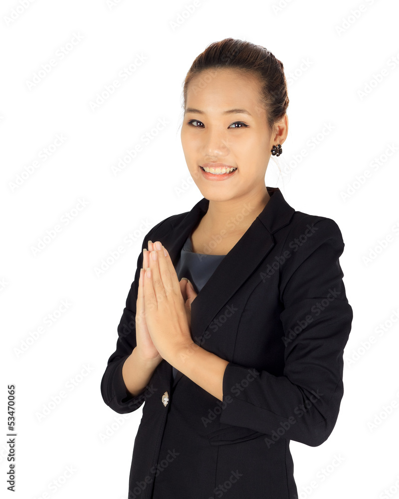 Isolated young business with Thai paying respect posture Isolated young business with Thai paying respect posture