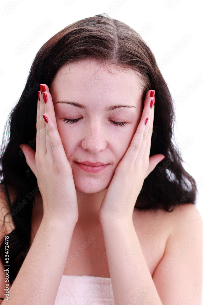 Closeup portrait of beautiful woman caring of her face Closeup portrait of beautiful woman caring of her face