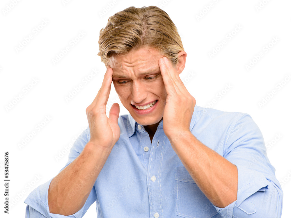 Stressed man suffering from headache isolated on white backgroun Stressed man suffering from headache isolated on white backgroun