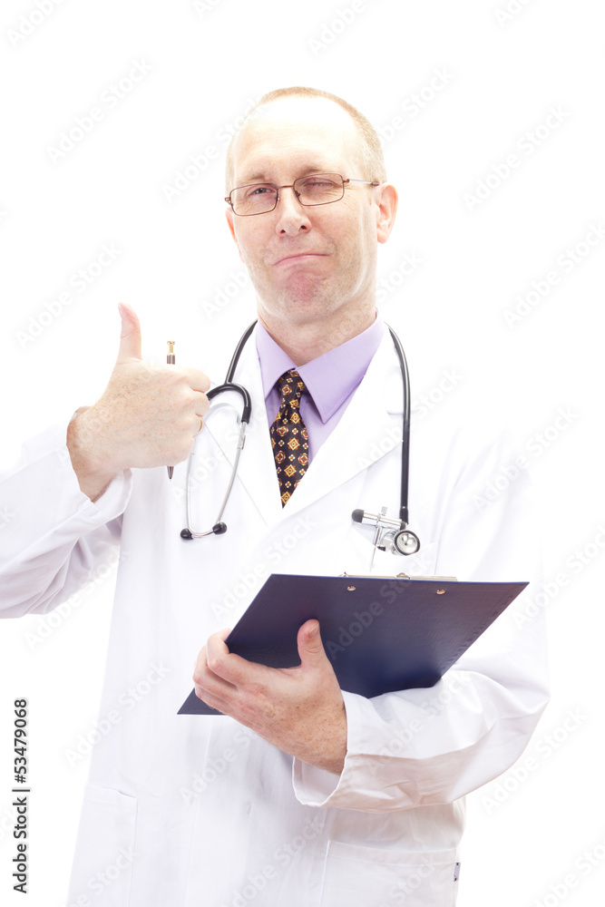 Happy male physician winks and shows thumb up Happy male physician winks and shows thumb up