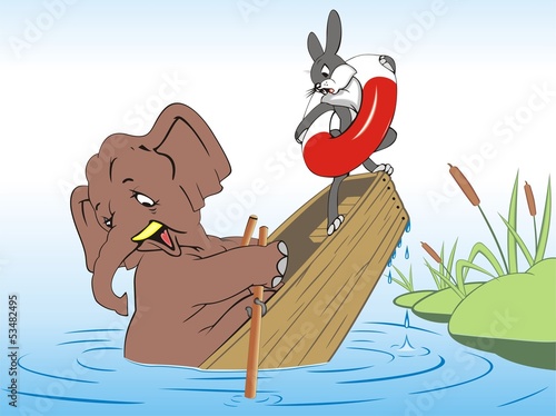 Elephant and rabbit drown in a boat