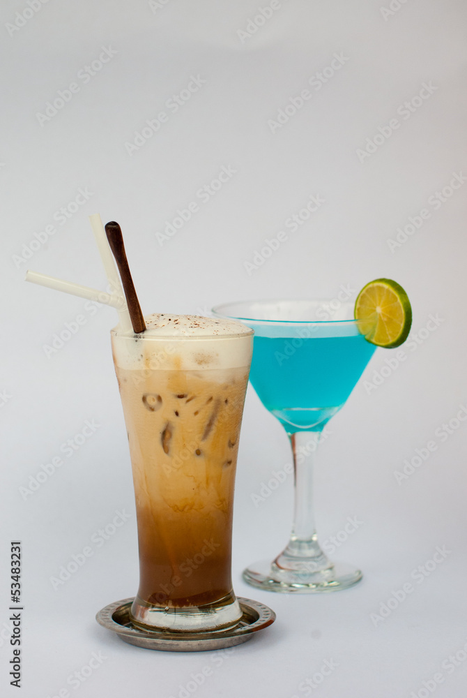 iced coffee with blue curacao isolated on white background iced coffee with blue curacao isolated on white background