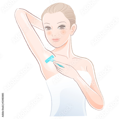 女性 脇 脱毛 Beautiful woman applying razor to the shaving armpit