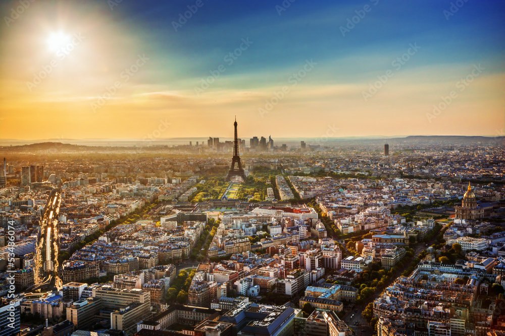 Paris, France at sunset. Aerial view on Eiffel tower, landmarks Paris, France at sunset. Aerial view on Eiffel tower, landmarks