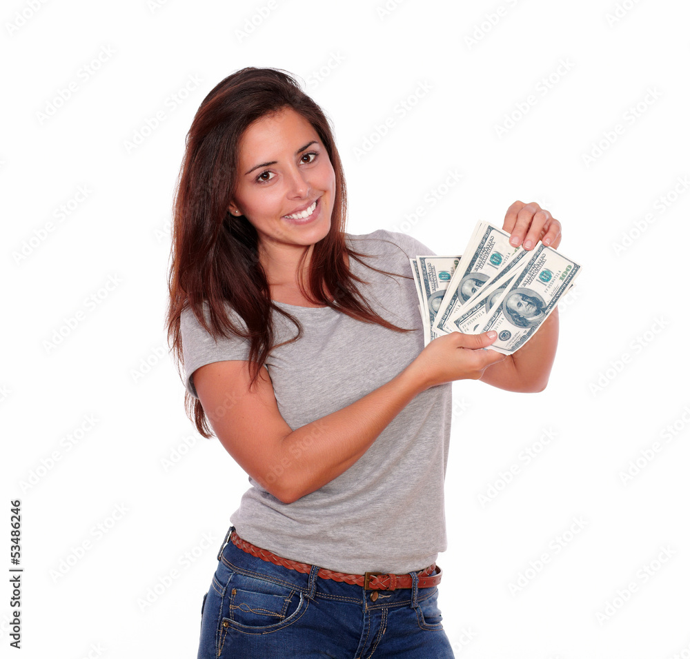 Charming and smiling young woman with cash money Charming and smiling young woman with cash money