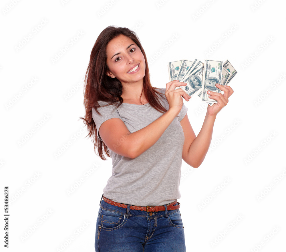 Charming and smiling young woman with cash dollars Charming and smiling young woman with cash dollars