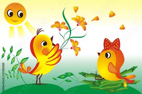 Chick gives flowers and hearts to his lady