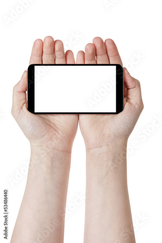 female teen hands holding generic touch device