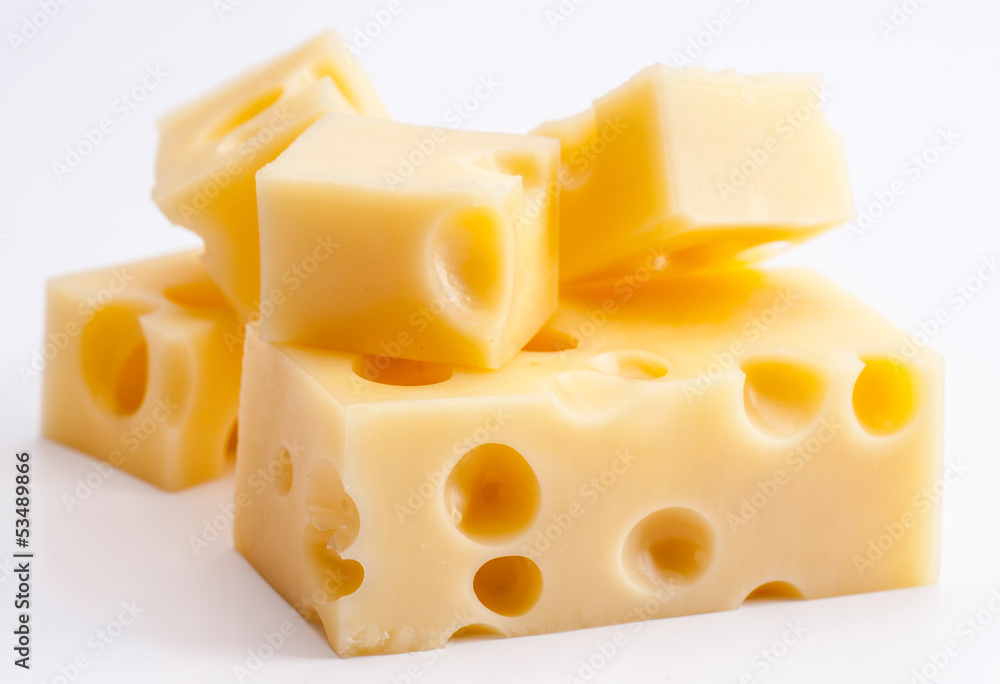 Emmental cheese portions on white base - obrazy, fototapety, plakaty 