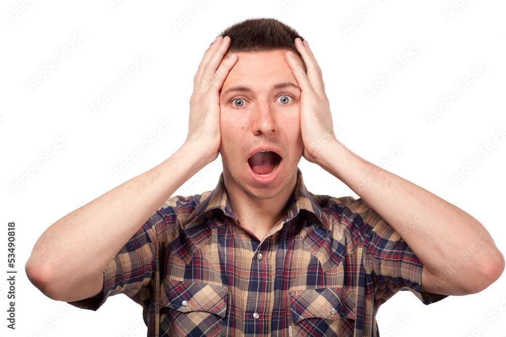 Frightened man in a plaid shirt shouts Frightened man in a plaid shirt shouts