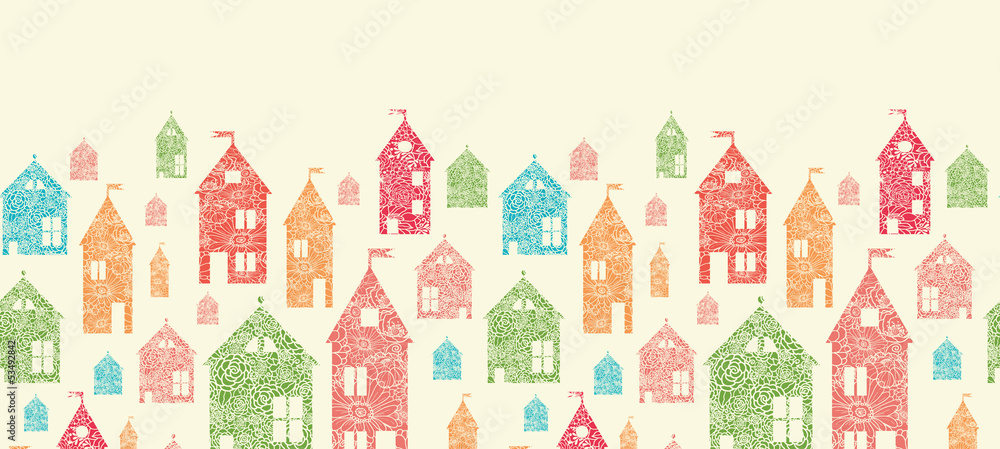 Vector flower town houses horizontal seamless pattern background