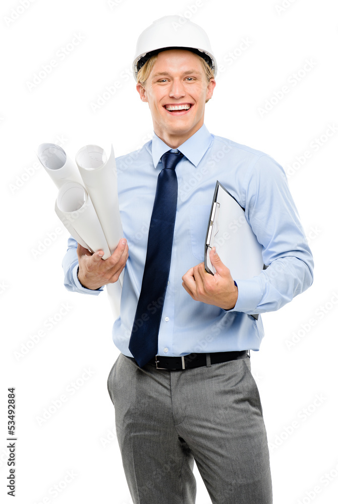 Confident young businessman holding blueprints on white backgrou Confident young businessman holding blueprints on white backgrou