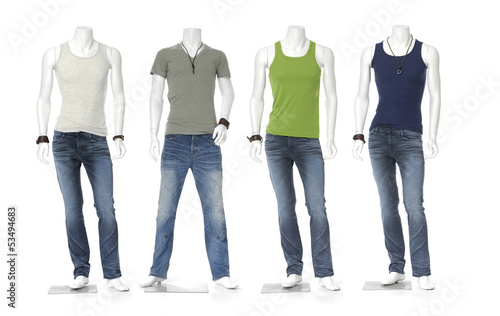 male mannequin dressed in jeans with colorful t-shirt