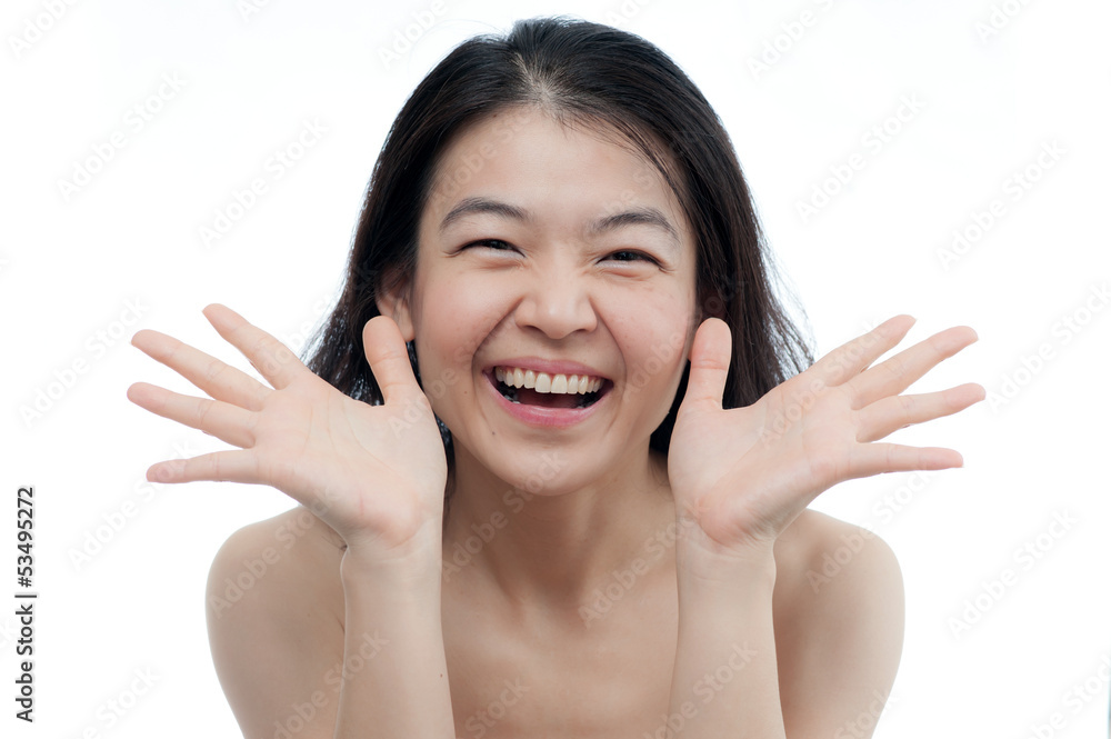 asian woman in Action with Happy Face