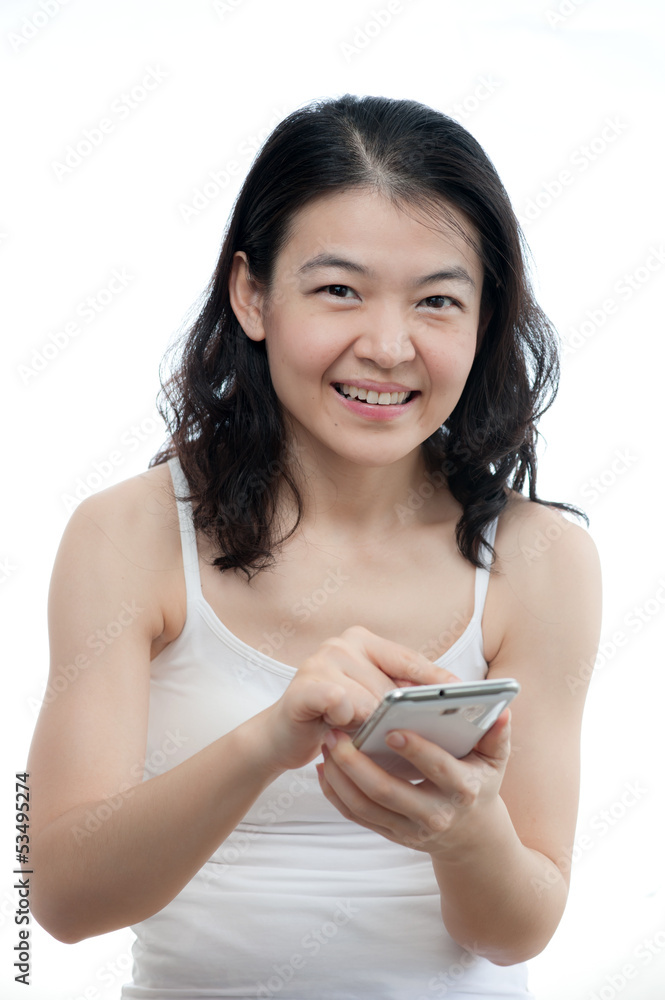 asian woman using smart phone with white background asian woman using smart phone with white background