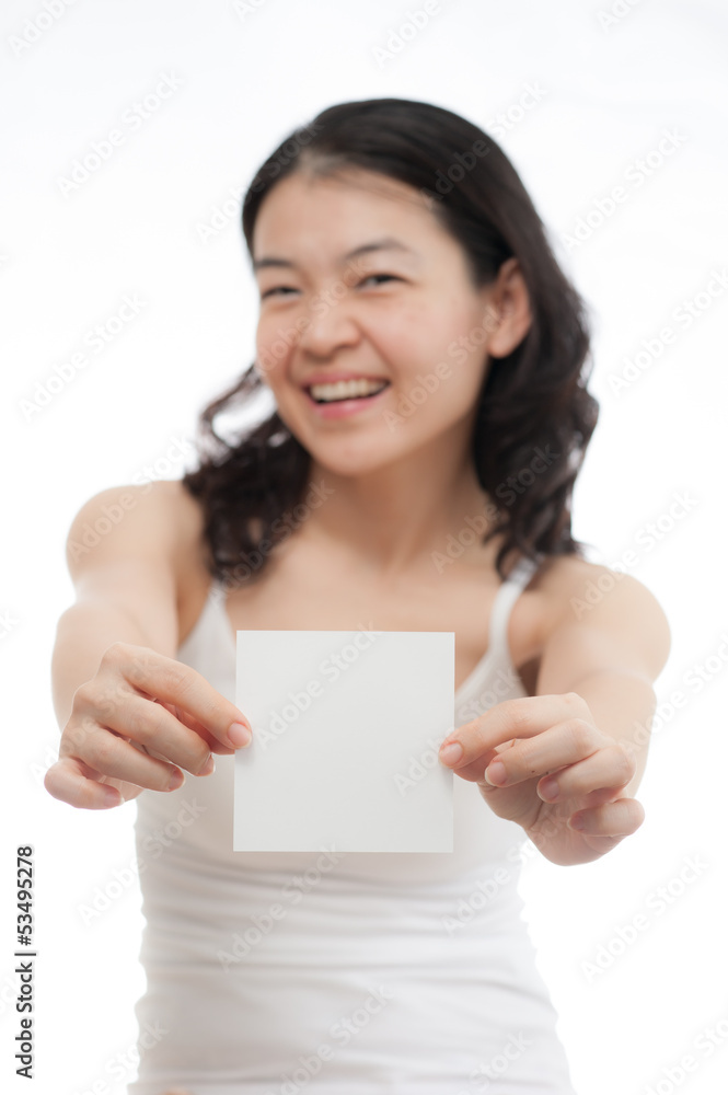 asian woman holding empty white card, focus at card asian woman holding empty white card, focus at card