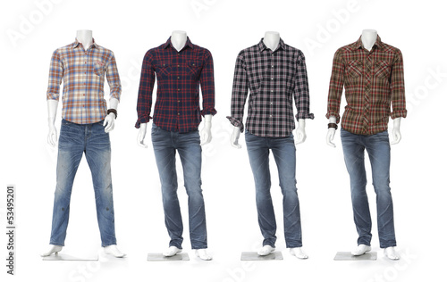 male mannequin dressed in jeans with in cotton plaid shirt