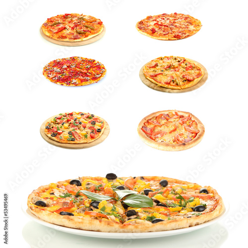 different kind of delicious pizza isolated on white