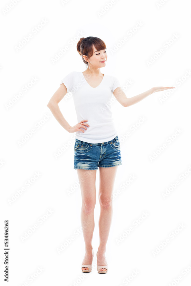 Asian woman present something. Asian woman present something.
