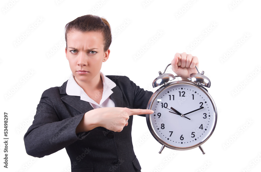 Woman with giant clock on white Woman with giant clock on white
