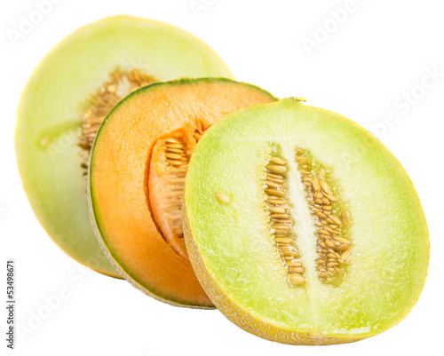 Various type of melons cut in half over white background