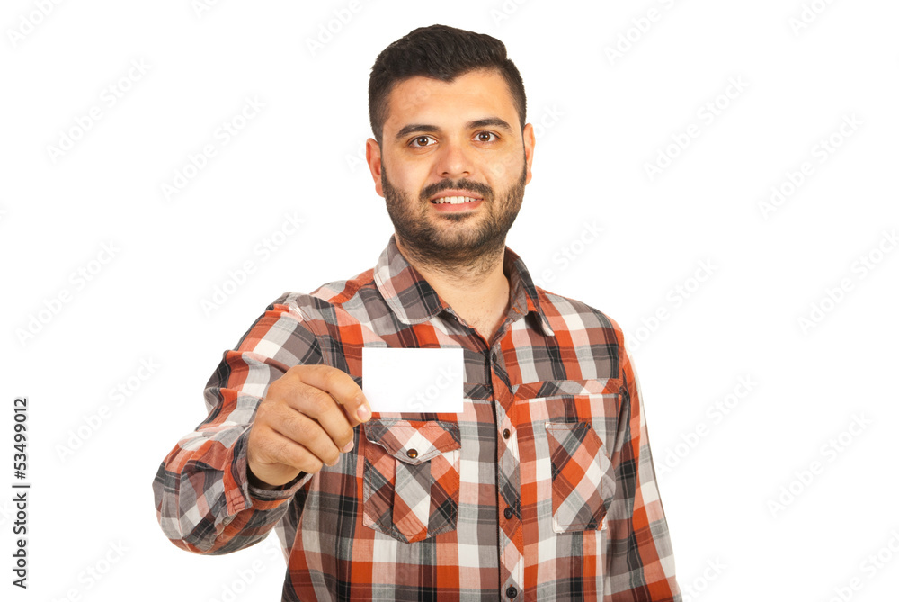 Happy businessman giving blank card Happy businessman giving blank card