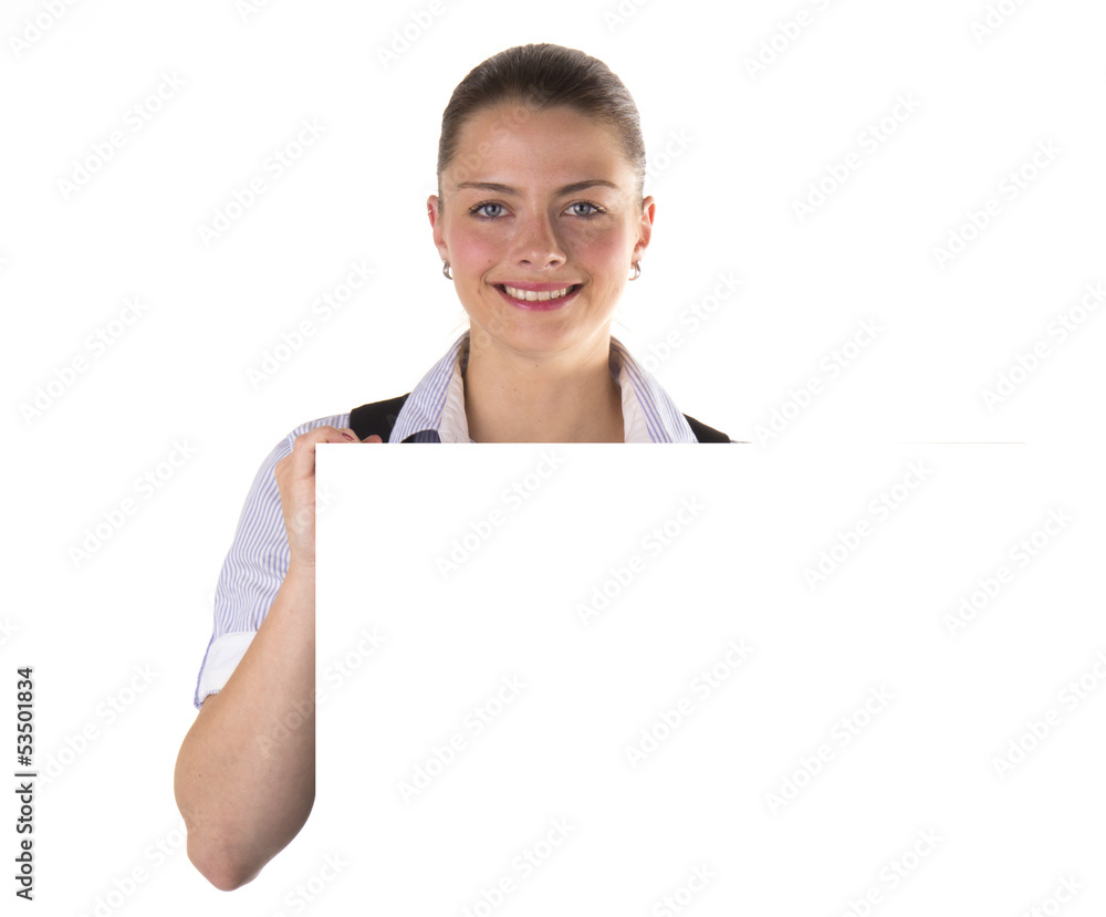 Junge freundliche Frau mit Tafel Schild weiss Junge freundliche Frau mit Tafel Schild weiss