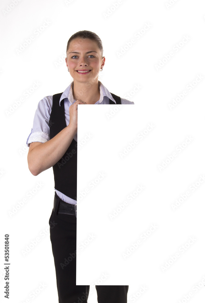 Junge freundliche Frau mit Tafel Schild weiss Junge freundliche Frau mit Tafel Schild weiss