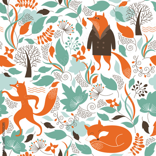 Seamless  pattern with the cute fox photo