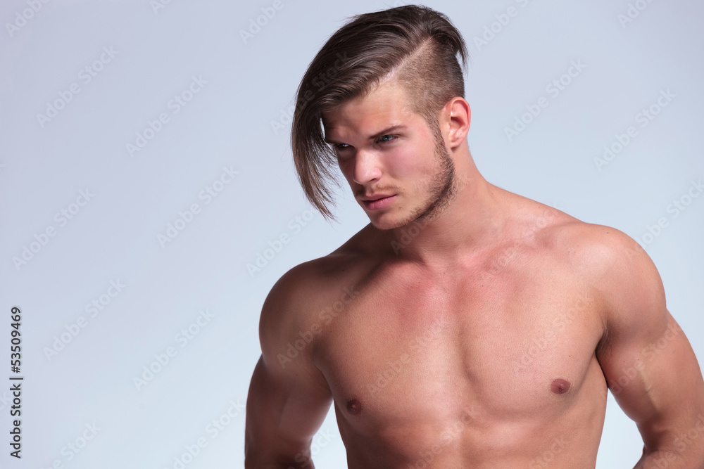 topless young man with cool hairdo topless young man with cool hairdo