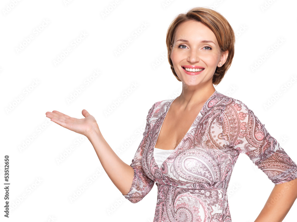 Portrait of adult happy woman with presentation gesture Portrait of adult happy woman with presentation gesture