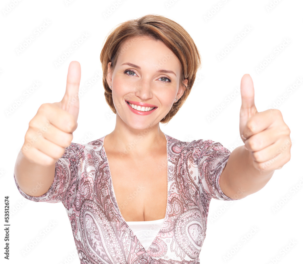 Portrait of a beautiful adult happy woman with thumbs up sign Portrait of a beautiful adult happy woman with thumbs up sign