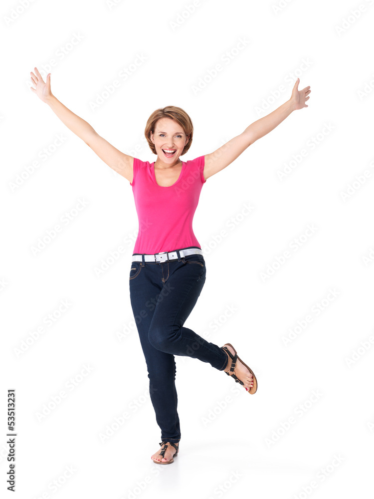 Beautiful happy woman celebrating success being a winner Beautiful happy woman celebrating success being a winner