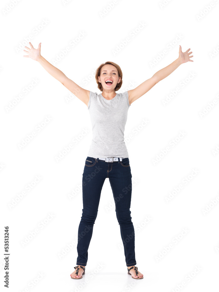 Beautiful happy woman celebrating success being a winner Beautiful happy woman celebrating success being a winner