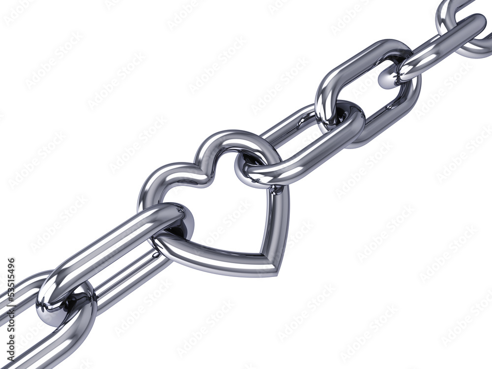 Fototapeta premium Heart link in a chrome chain, isolated on white