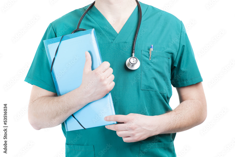 Doctor with blue folder and stethoscope, isolated Doctor with blue folder and stethoscope, isolated