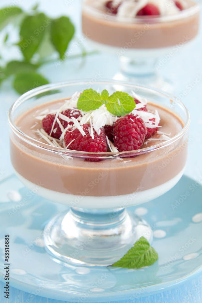 Chocolate panna cotta with raspberry and white chocolate. Chocolate panna cotta with raspberry and white chocolate.