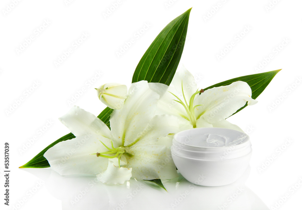 Cosmetic cream and beautiful lily, isolated on white Cosmetic cream and beautiful lily, isolated on white