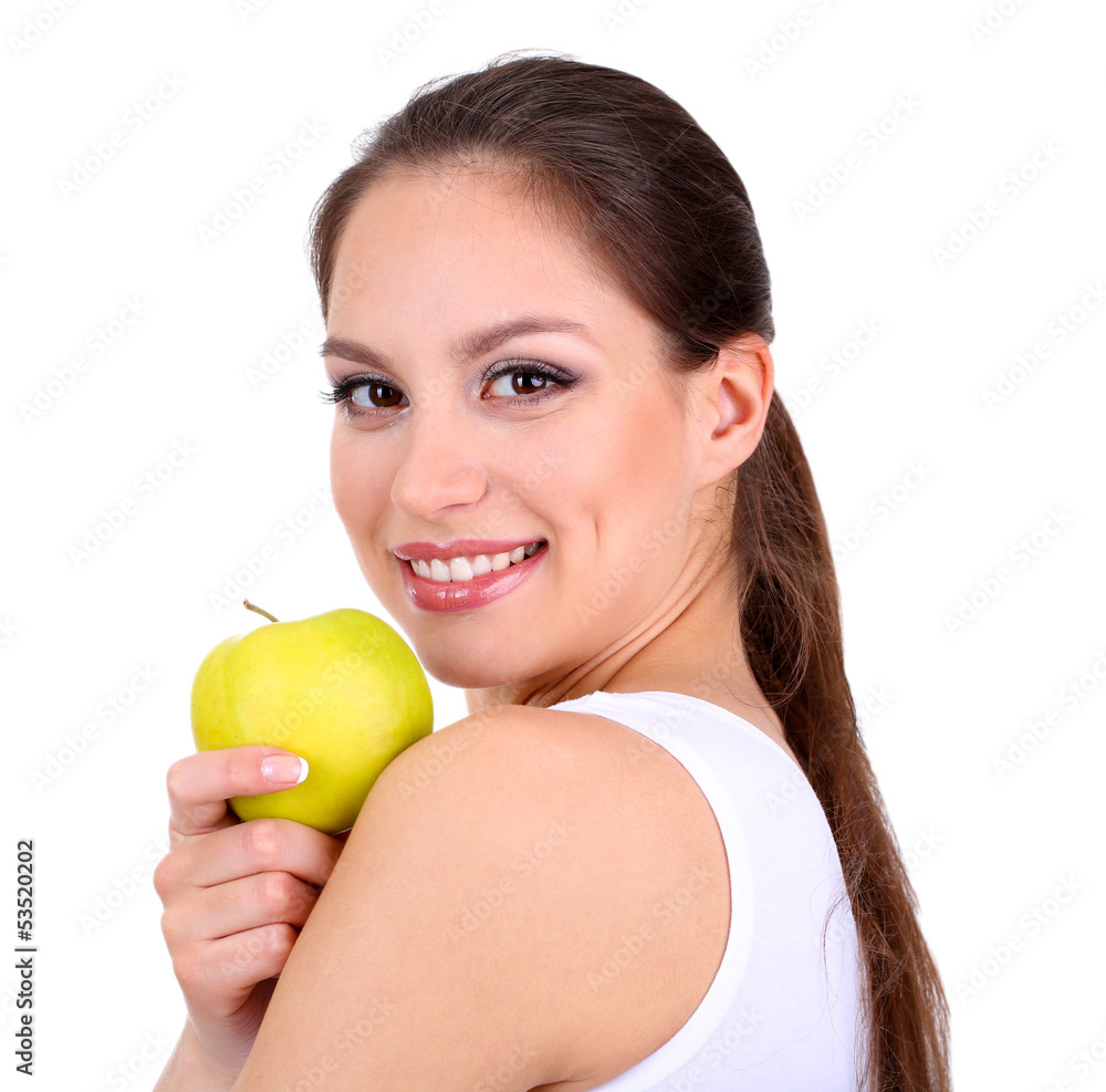 Smiling woman with apple isolated on white Smiling woman with apple isolated on white