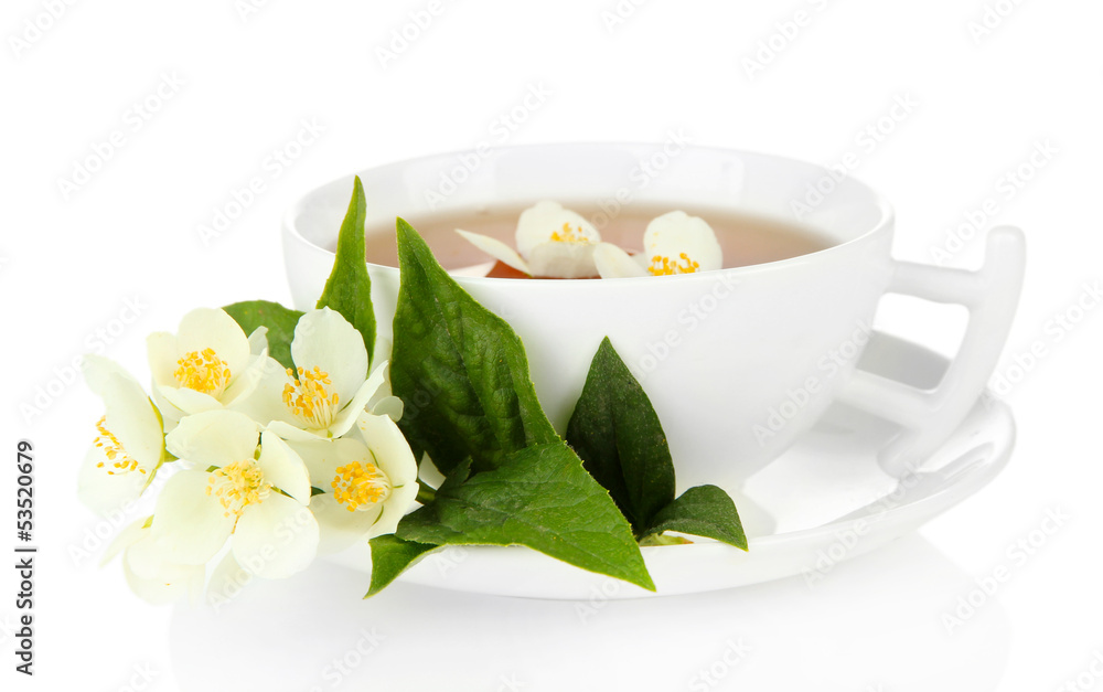 Cup of tea with jasmine, isolated on white Cup of tea with jasmine, isolated on white
