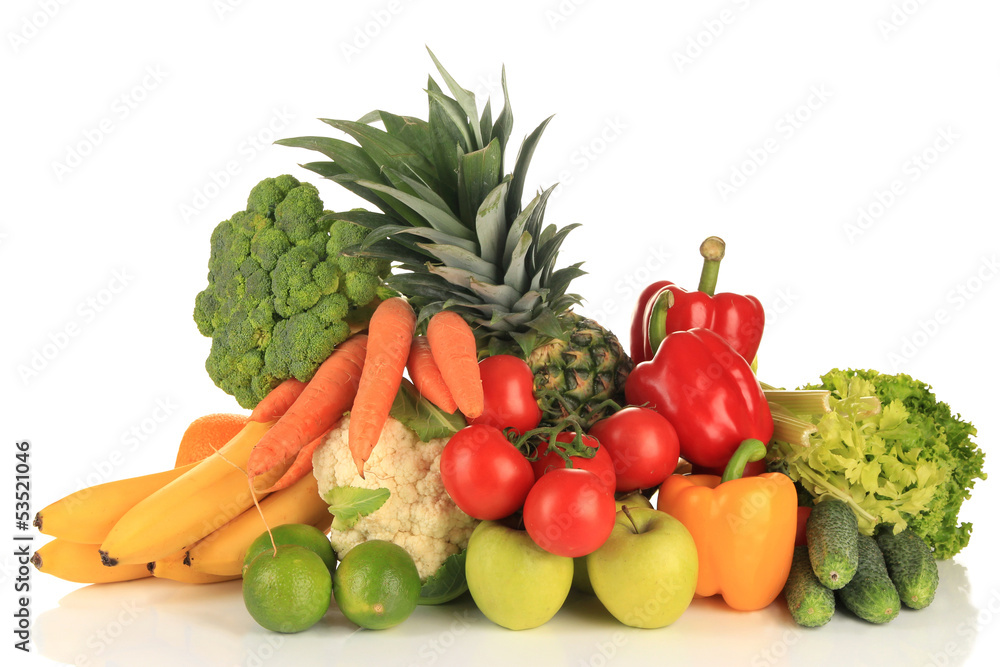 Assortment of fresh fruits and vegetables, isolated on white Assortment of fresh fruits and vegetables, isolated on white