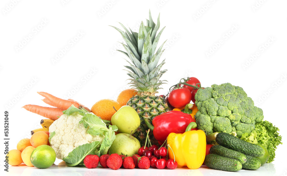 Assortment of fresh fruits and vegetables, isolated on white Assortment of fresh fruits and vegetables, isolated on white