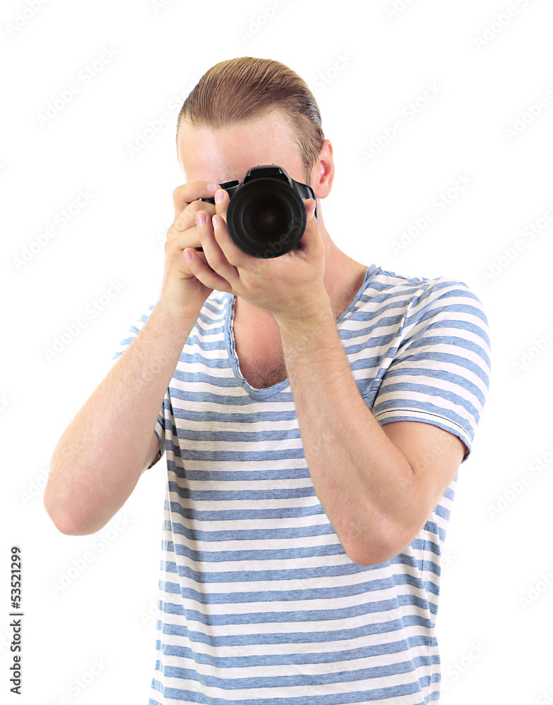 Handsome photographer with camera, isolated on white Handsome photographer with camera, isolated on white