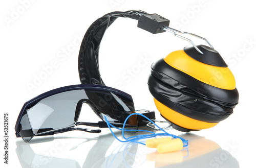 Eyeglasses tools and headphones isolated on white