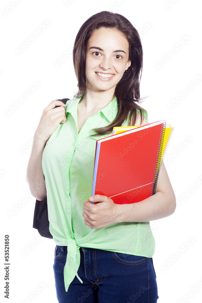 smiling female student carrying notebooks, isolated on white smiling female student carrying notebooks, isolated on white