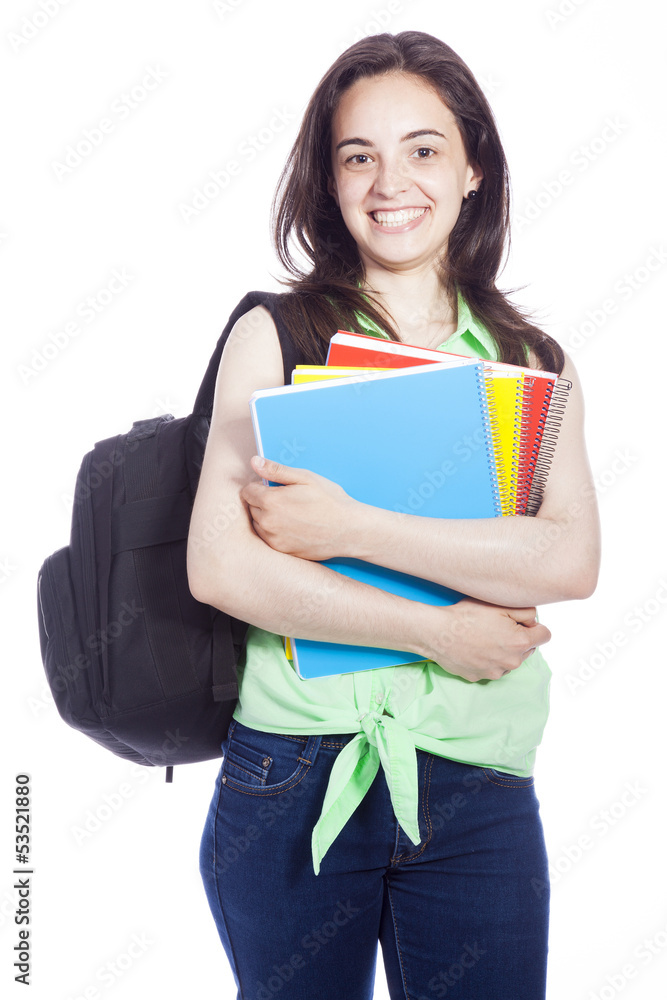 Happy smiling female student carrying notebooks, isolated on whi Happy smiling female student carrying notebooks, isolated on whi