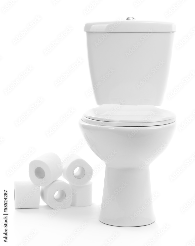 White toilet bowl with toilet paper, isolated on white White toilet bowl with toilet paper, isolated on white
