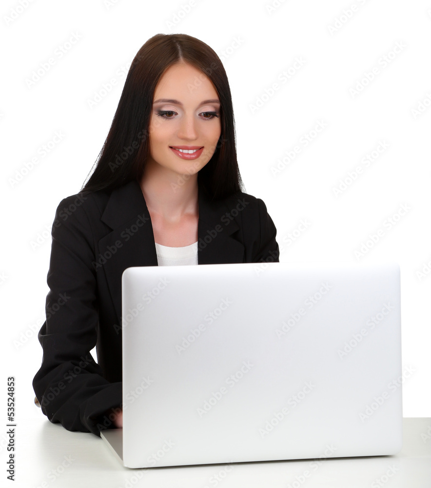 Young business woman working with computer, isolated on white Young business woman working with computer, isolated on white
