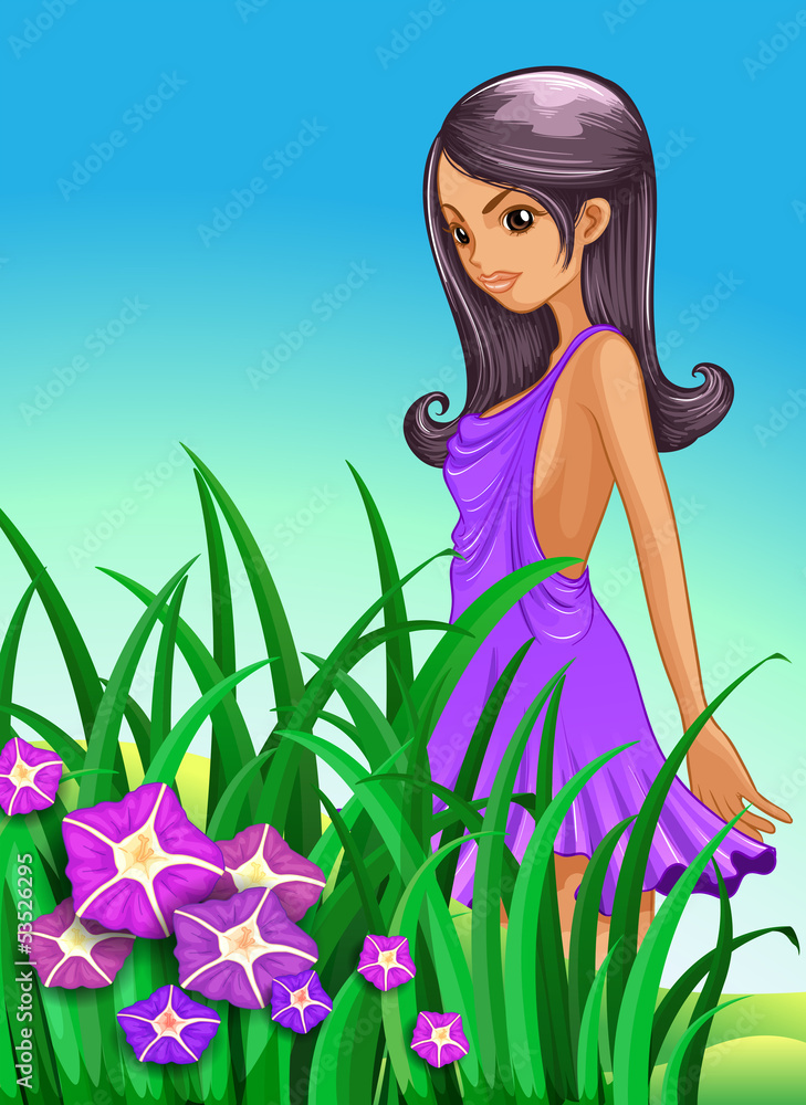 A sexy lady wearing a purple dress standing near the garden A sexy lady wearing a purple dress standing near the garden
