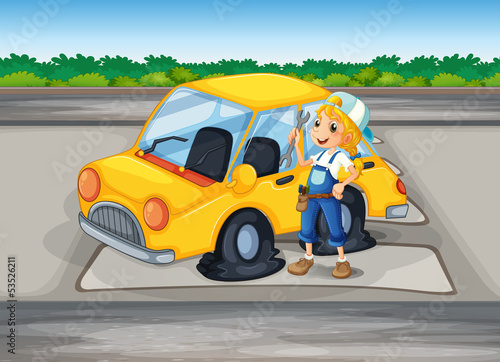 A girl holding a tool beside a car with a flat wheel